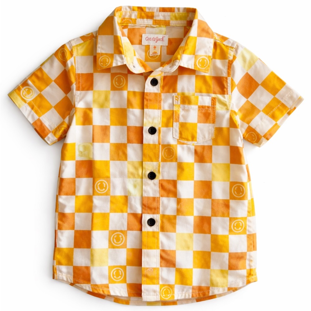 Cat & Jack Toddler Button Up 2T | Yellow Orange Checkered Smiley Shirt